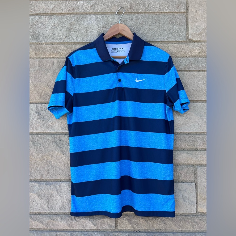 Nike Golf Polo Shirt Mens Medium Blue Navy Stripe Standard Fit Short Sleeve